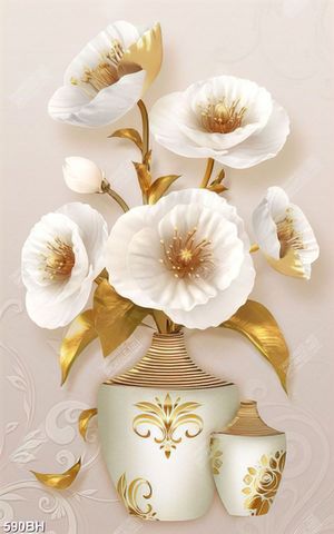 Tranh bình hoa decor bông hoa trắng khoe sắc bên bình gốm
