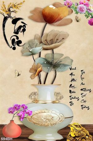 Tranh bình hoa in uv bông hoa phù du màu xanh bên chú bướm