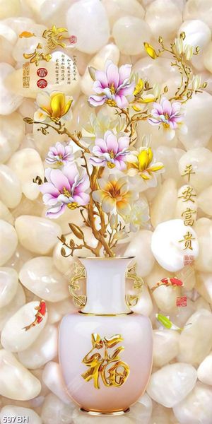 Tranh bình hoa mộc lan vàng trên bức tường đá cuội in canvas