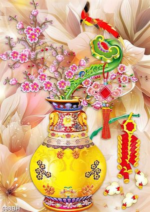Tranh bình hoa đào khoe sắc hồng trên nền phát sáng dán tường