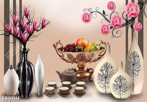 Tranh bình hoa decor những chiếc bình hoa bên bình trà ấm