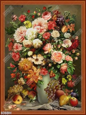 Tranh bình hoa mẫu đơn khoe sắc trên bàn trái cây in canvas