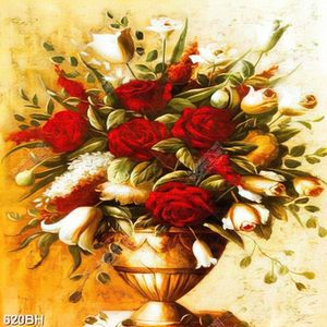 Tranh bình hoa trang trí những bông hồng trên tường vân đá