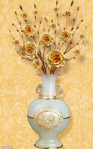 Tranh bình hoa hồng dáp vàng trong bình gốm sứ dán tường