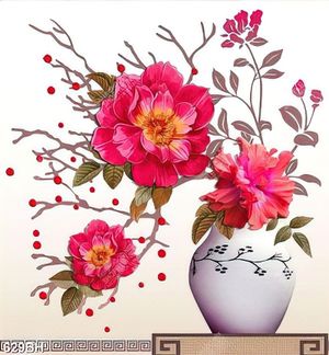 Tranh bình hoa mẫu đơn đỏ thắm trong bình gốm sứ trang trí
