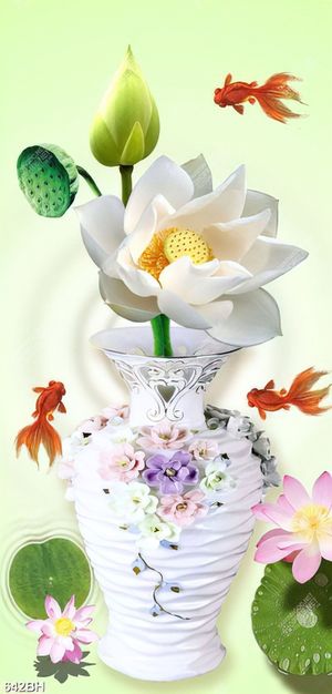 Tranh bình hoa sen trắng bên đàn cá sim betta vàng in canvas