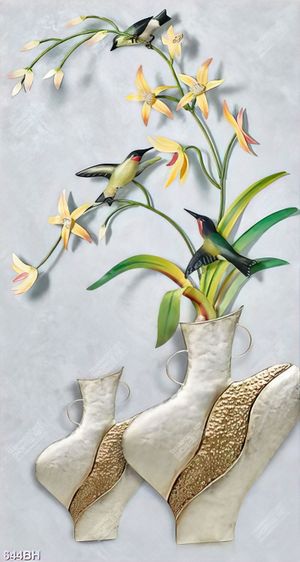 Tranh bình hoa decor hoa phong lan bên những chú chim hót