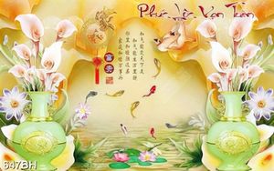 Tranh bình hoa trang trí cành hoa lục bình trong bình gốm