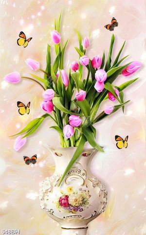 Tranh bình hoa in uv chiếc bình gốm tinh xảo bên hoa tulip