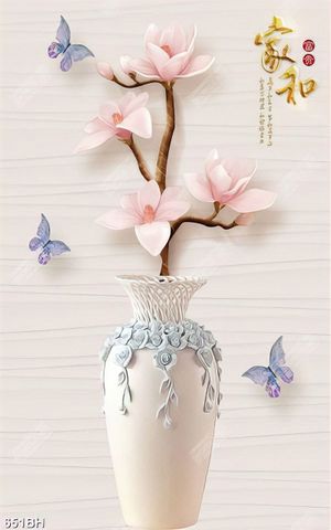 Tranh bình hoa in canvas bông hoa mộc lan hồng trong bình
