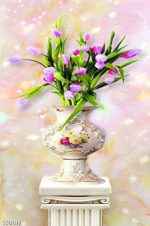 Tranh bình hoa tulip màu tím trên nền giả ngọc trang trí