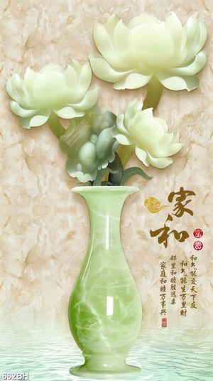 Tranh bình hoa sen giả ngọc bên dòng chữ hán decor