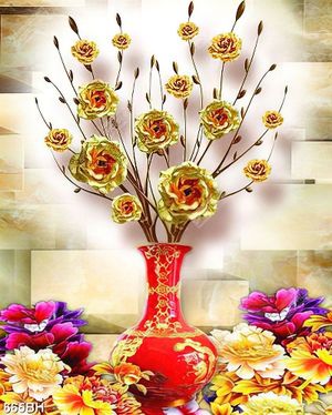 Tranh bình hoa hồng dáp vàng bên hoa mẫu đơn trang trí