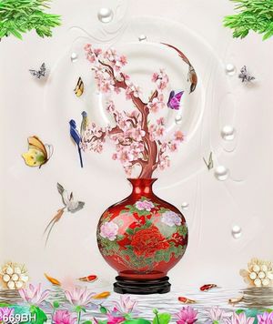 Tranh bình hoa in canvas những bông hoa anh đào khoe sắc