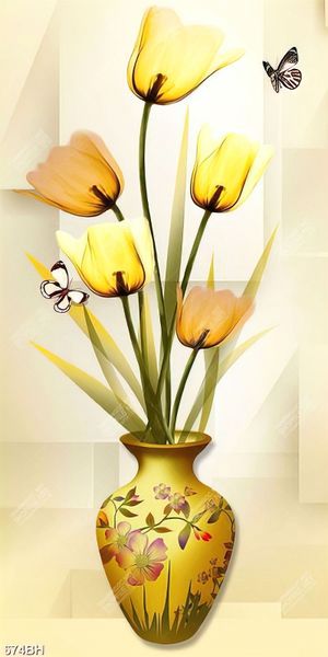 Tranh bình hoa trang trí chú bướm xinh bên bông hoa tulip