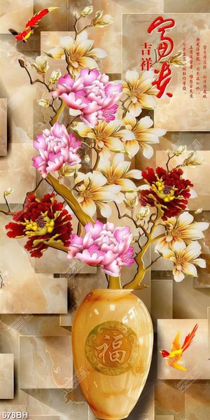 Tranh bình hoa in canvas cành hoa mẫu đơn bên chú chim non