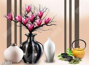 Tranh bình hoa dán tường chiếc bình gốm bên bình trà xanh