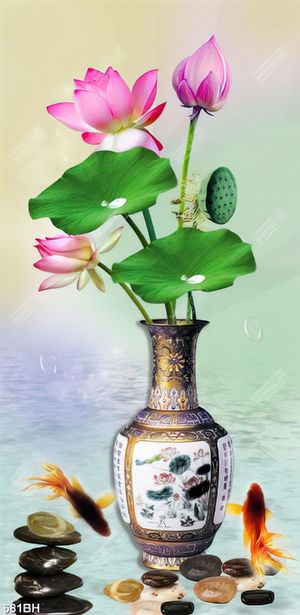 Tranh bình hoa sen hồng bên đàn cá chép vàng nghệ thuật