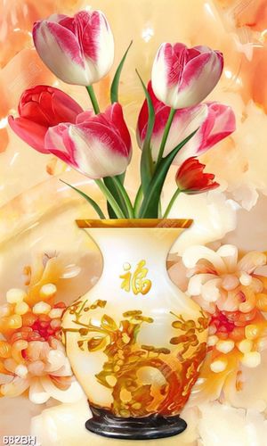 Tranh bình hoa tulip màu hồng bên trong bình gỉa ngọc psd