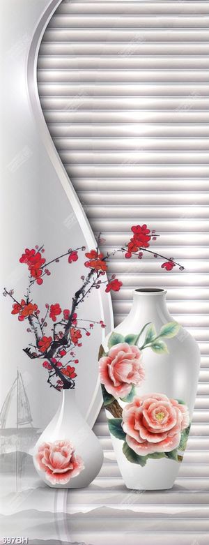 Tranh bình hoa in canvas cành hoa đào màu đỏ khoe sắc rực rỡ