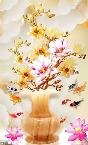 Tranh bình hoa dán tường cành hoa mộc lan bên đàn cá chép