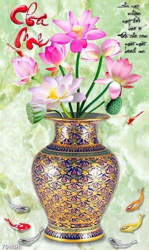 Tranh bình hoa 3d những bông hoa sen hồng bên đàn cá koi