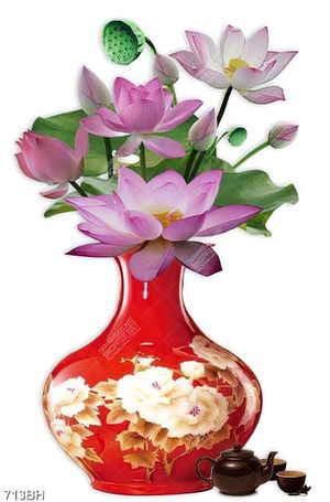 Tranh bình hoa 3d những bông hoa sen hồng trong chiếc bình