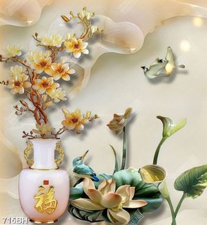 Tranh bình hoa dán tường cành mộc lan bên hoa sen giả ngọc