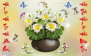 Tranh  decor bình hoa những bông sen trắng bên đàn bướm