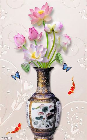 Tranh bình hoa nghệ thuật chiếc bình hoa sen bên đàn bướm