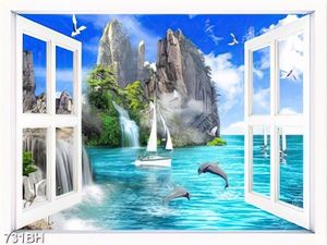 Tranh bình hoa 3d đàn cá heo trên mặt biển xanh sau cửa sổ