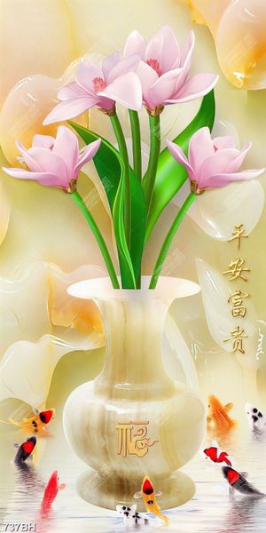 Tranh bình hoa trang trí hoa mộc lan trong bình giả ngọc bích