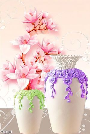 Tranh bình hoa 3d cành hoa mộc lan trong bình gốm trắng