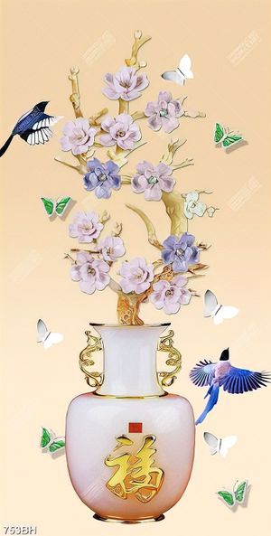 Tranh bình hoa treo tường đôi chim xanh bay lượn bên hoa