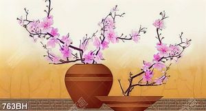 Tranh bình hoa 3d cành hoa anh đào trên bức tường gạch