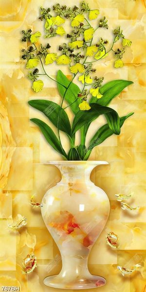 Tranh bình hoa nghệ thuật bông hoa vàng trên tường giả ngọc