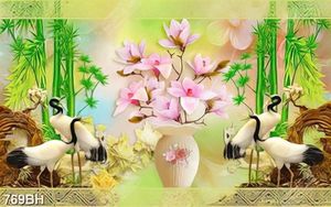 Tranh bình hoa mộc lan khoe sắc bên những chú hạc trang trí