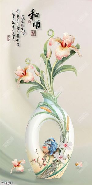 Tranh bình hoa in uv dòng chữ hán bên bình hoa ly màu hồng