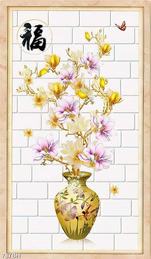 Tranh bình hoa psd cành hoa mộc lan trên nền tường gạch
