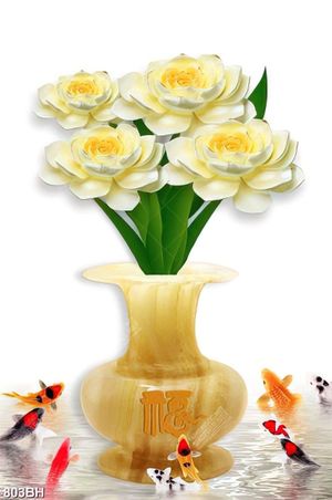 Tranh bình hoa decor bông hoa mẫu đơn giả ngọc và cá chép