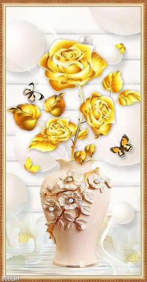 Tranh bình hoa trang trí những bông hồng dáp vàng lộng lẫy