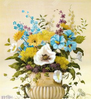 Tranh sơn dầu bình hoa nghệ thuật những bông hoa màu xanh