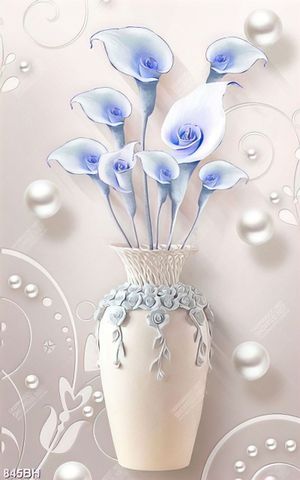 Tranh bình hoa 3d hoa lục bình màu xanh lam và viên ngọc trai