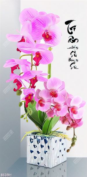 Tranh bình hoa 3d những nhành hoa phong lan tím bên câu đối