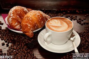 Tranh những chiếc bánh bơ bên tách cà phê cappuccino