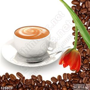 Tranh bông tulip bên tách cà phê cappuccino in uv