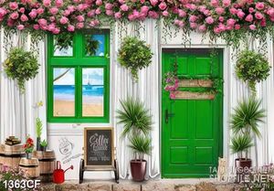 Tranh cà phê treo tường cánh cửa màu xanh biếc dưới dàn hoa