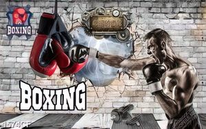 Tranh phong gym nam võ sỹ  đánh boxing mạnh mẽ trên bức tường gạch