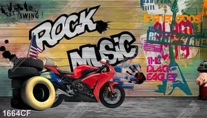 Tranh chiếc xe moto bên bức tường rock music trong quán cà phê