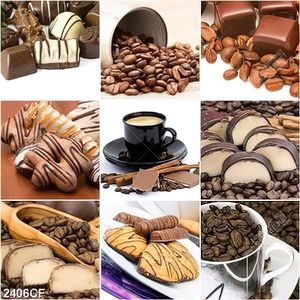 Tranh bộ ghép các món bánh ngon và cà phê